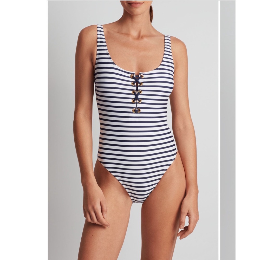 Lauren Ralph Lauren Navy White Striped Lace Up One Piece Swimsuit 8 20529216